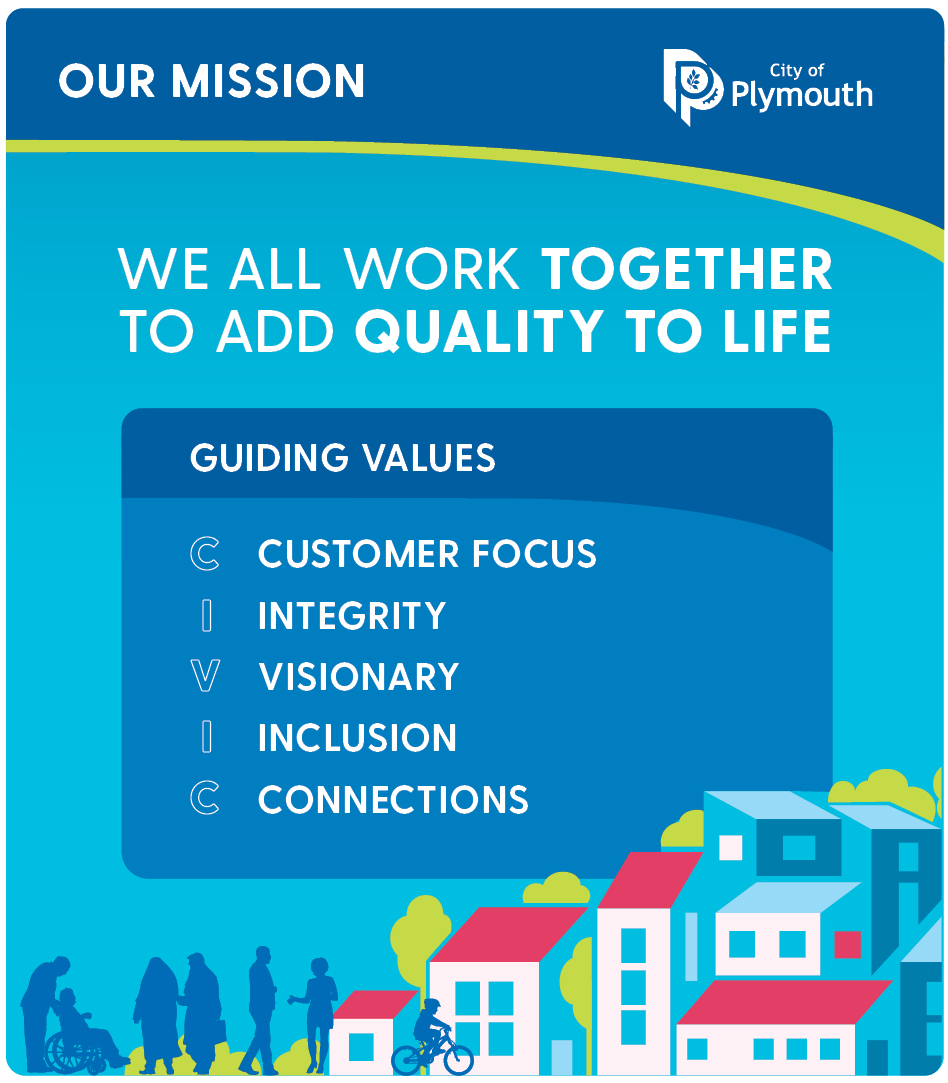 Graphic of the city's CIVIC values that reads "Our Mission: We All Work Together to Add Quality to Life" with "Guiding Values" listed as "Customer Focus, Integrity, Visionary, Inclusion and Connections"