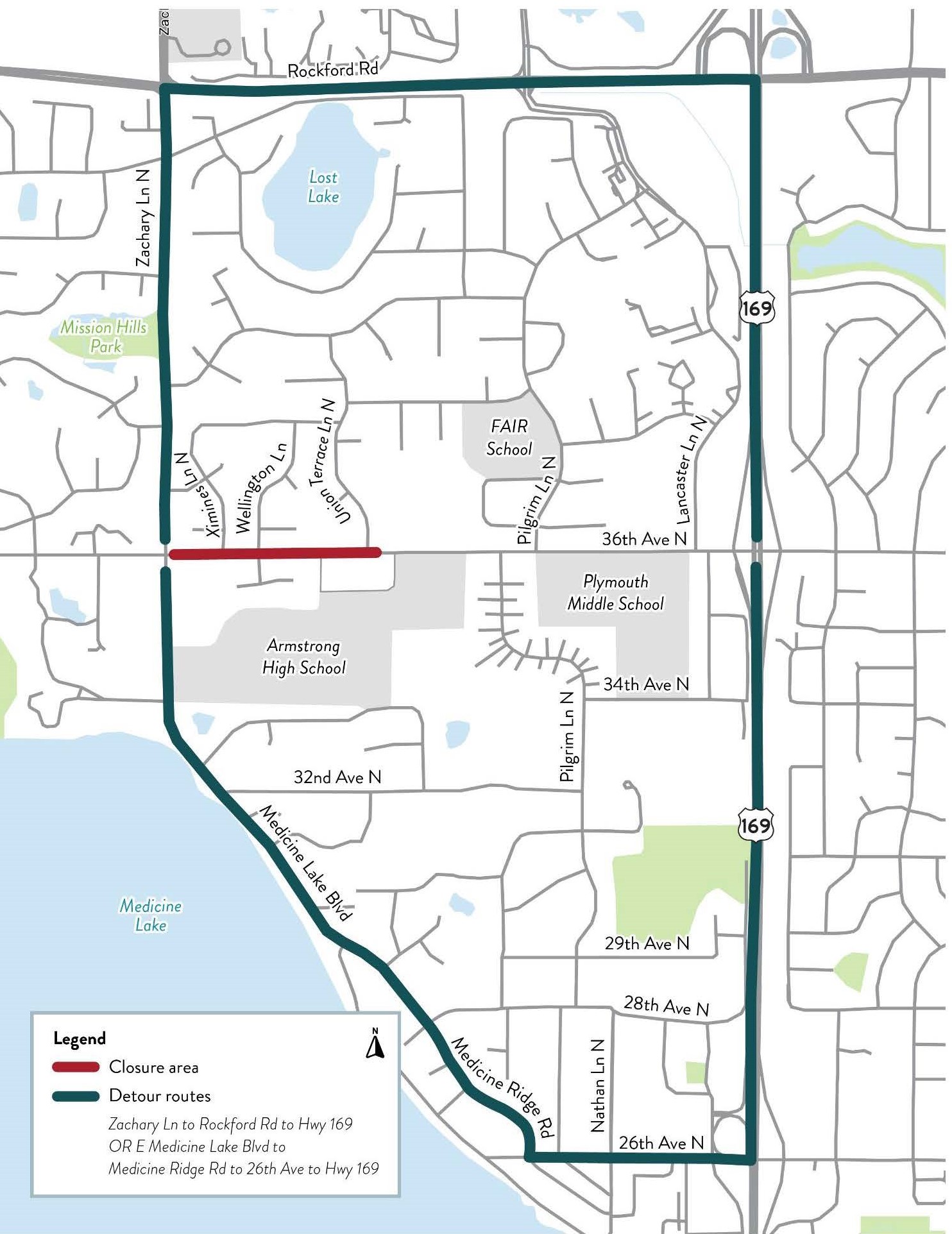 36th Avenue map and detour route - Phase 1
