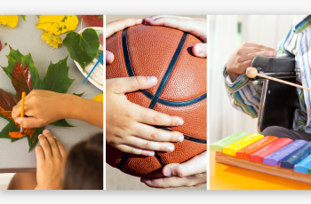Image collage of someone painting a leaf, holding a basketball and playing a xylophone