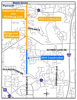 The change in phasing for the 2015-16 Vicksburg Lane project ensures that motorists will be able to use the northern portion of Vicksburg as a north-south connector option this summer. Without the change, and with closures of Schmidt Lake Road and County Road 47 due to I-494 construction, north-south access would have been limited to Dunkirk Lane, which raised public safety access concerns, and would have compounded traffic headaches that are expected due to other road construction in the area. 