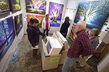 Plymouth Arts Fair visitors viewing colorful painted canvases depicting trees and landscape settings